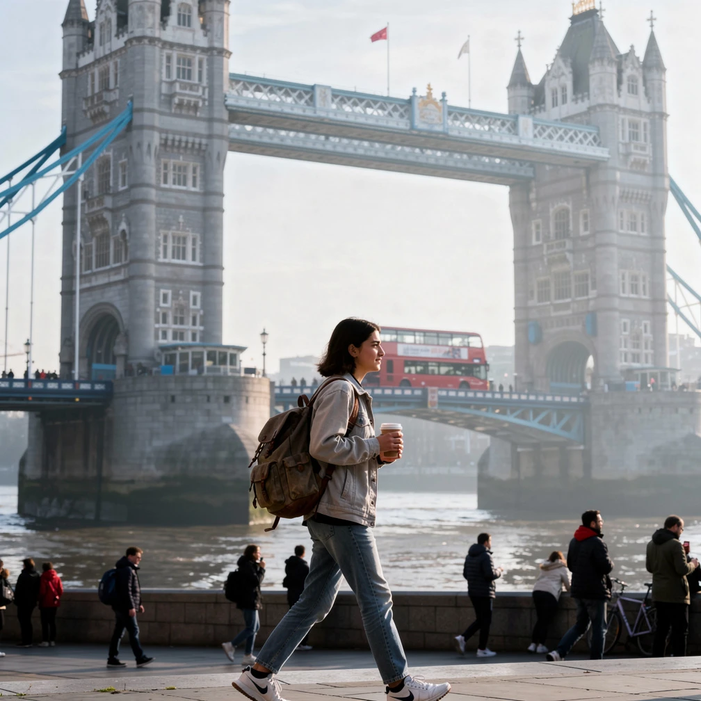 Estudiante española caminando por el South Bank de Londres con el Tower Bridge al fondo durante prácticas internacionales Beca Santander 2026