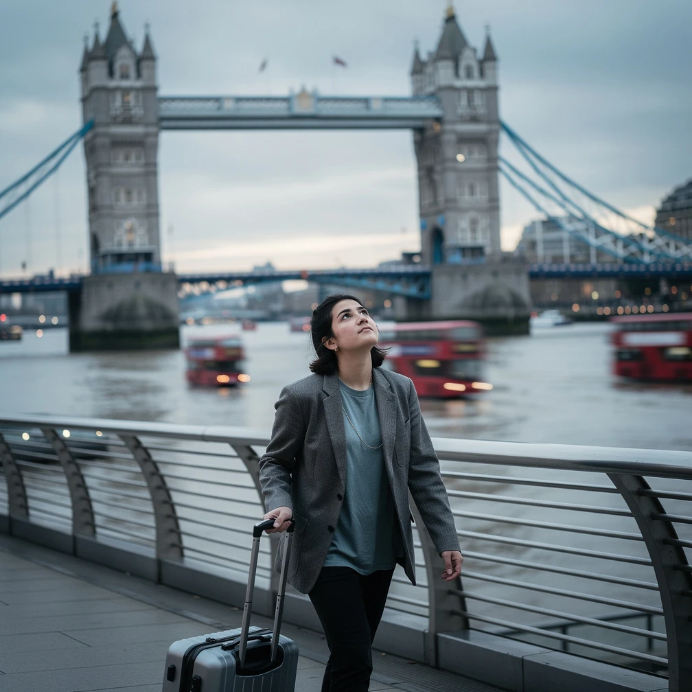 Estudiante espanola cruzando el Millennium Bridge en Londres con el Tower Bridge al fondo. Beca Santander Practicas Internacionales 2026.