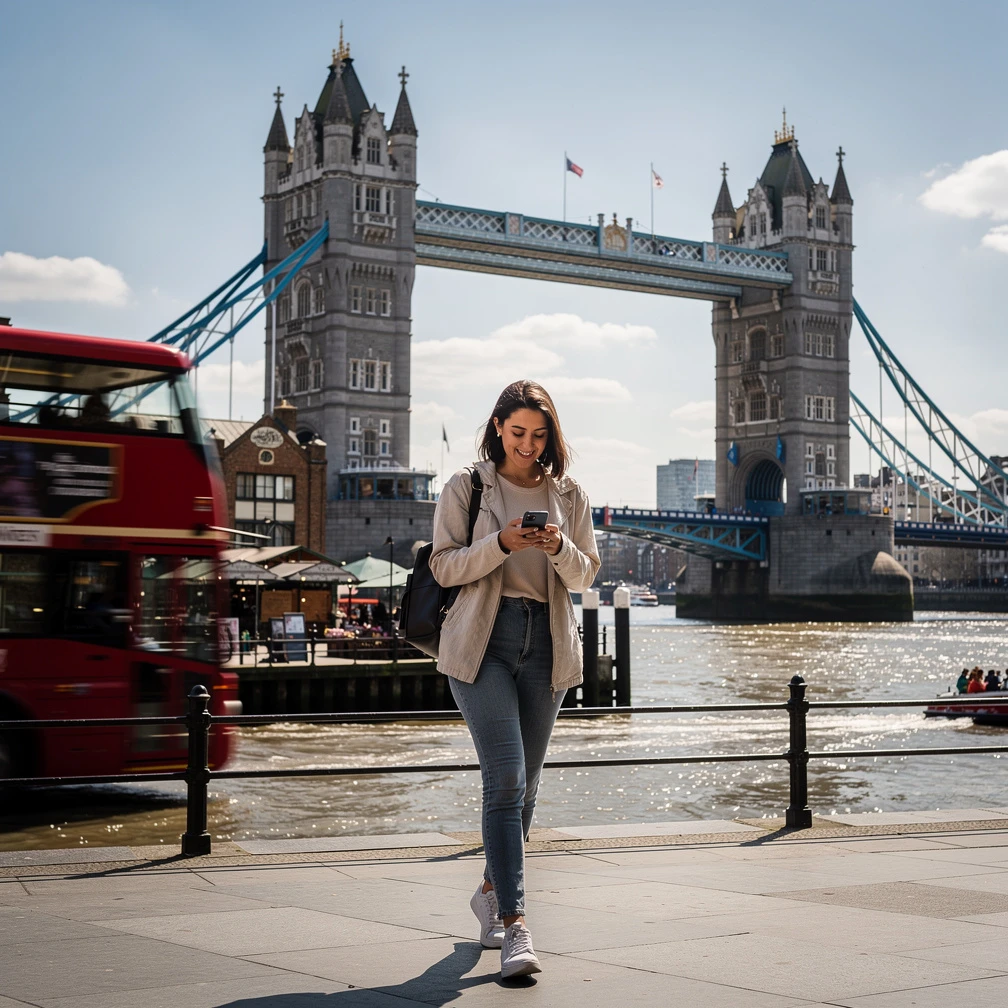 Estudiante espanola cruzando el London Bridge con el Tower Bridge al fondo, practicum Beca Santander 2026.